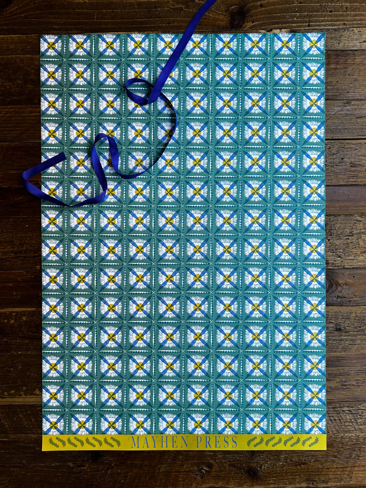 green floral linocut patterned wrapping paper
