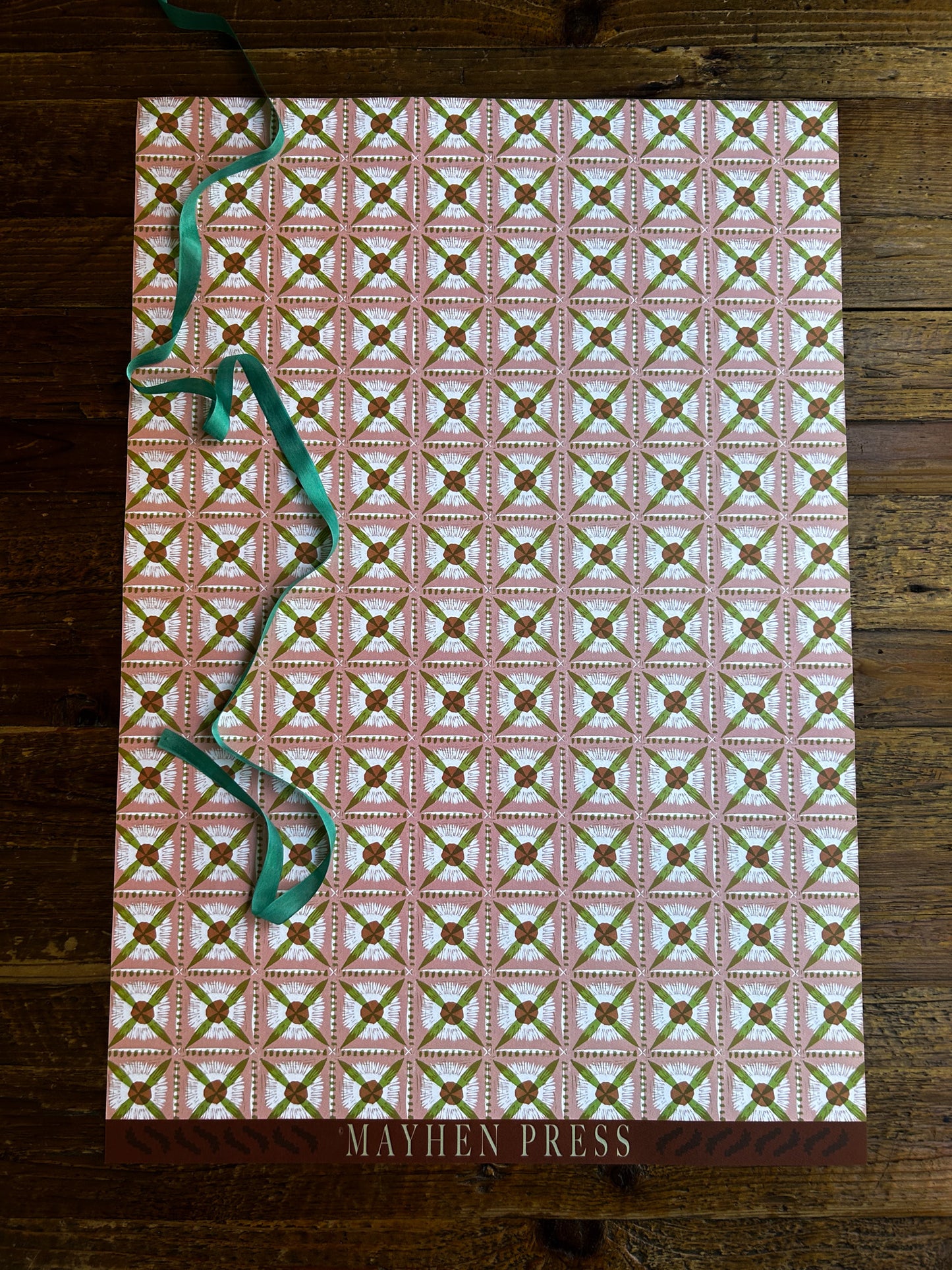 pink floral linocut patterned wrapping paper